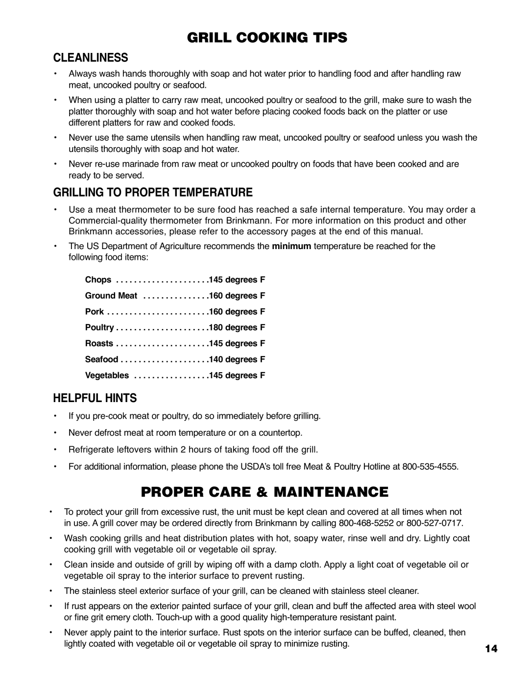 Brinkmann 6330 owner manual Cleanliness, Grilling to Proper Temperature, Helpful Hints 