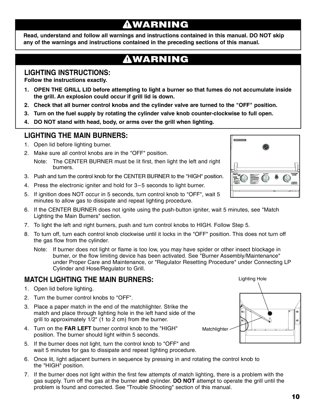 Brinkmann 6345 Series owner manual Lighting Instructions, Match Lighting the Main Burners 