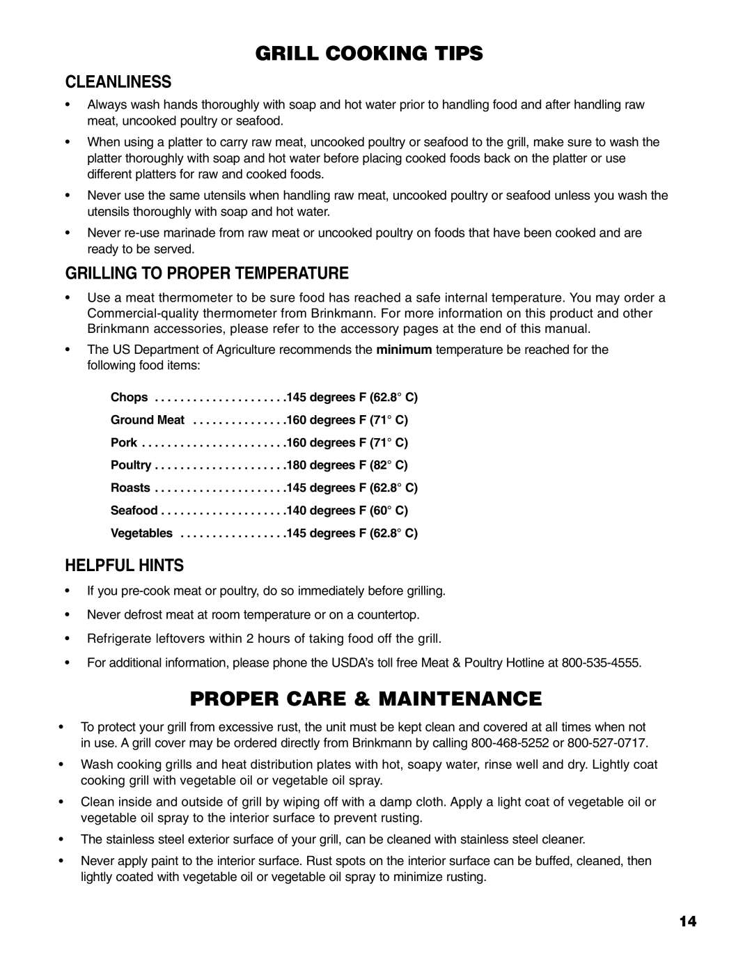 Brinkmann 6345 Series owner manual Cleanliness, Grilling to Proper Temperature, Helpful Hints 