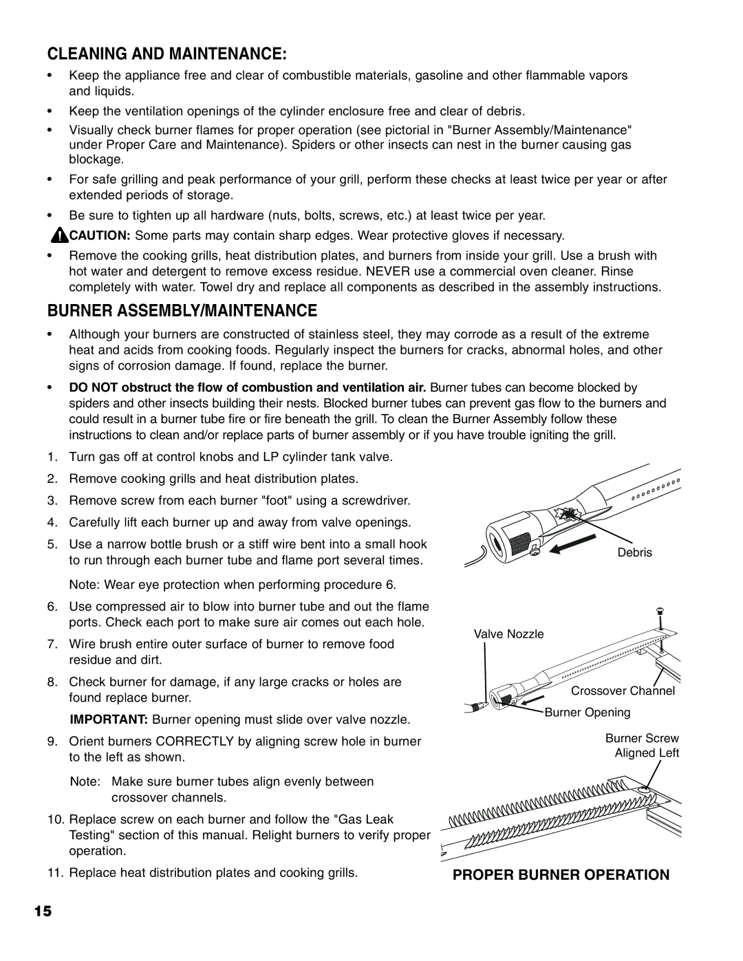 Brinkmann 6345 Series owner manual Cleaning and Maintenance, Burner ASSEMBLY/MAINTENANCE 