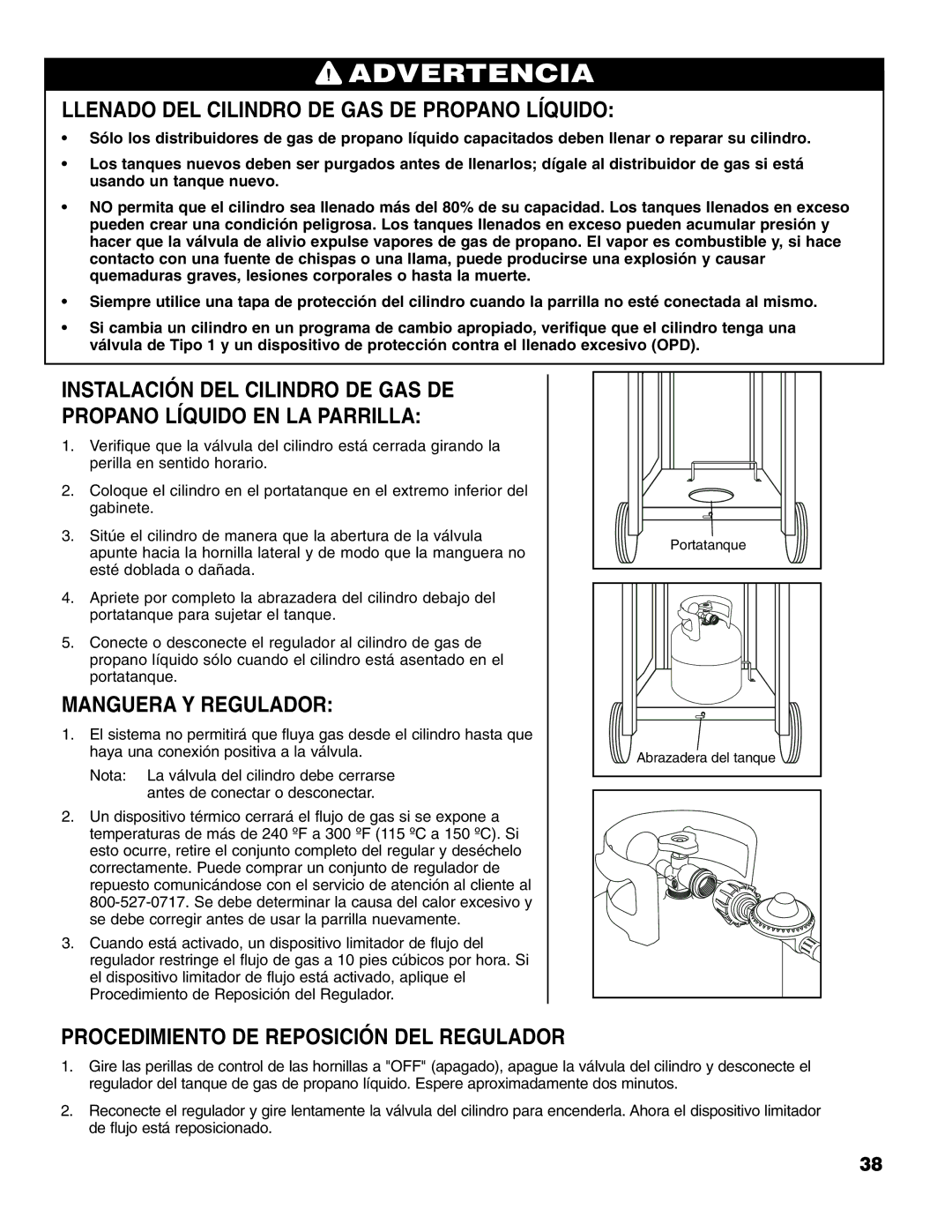 Brinkmann 6345 Series owner manual Llenado DEL Cilindro DE GAS DE Propano Líquido, Manguera Y Regulador 