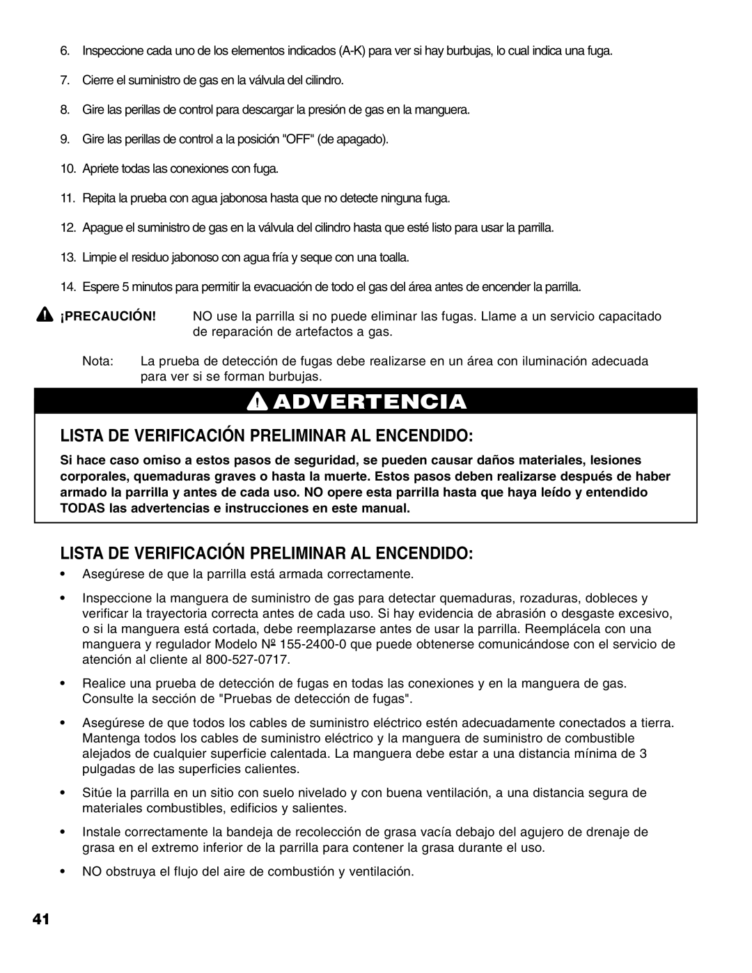 Brinkmann 6345 Series owner manual Lista DE Verificación Preliminar AL Encendido 