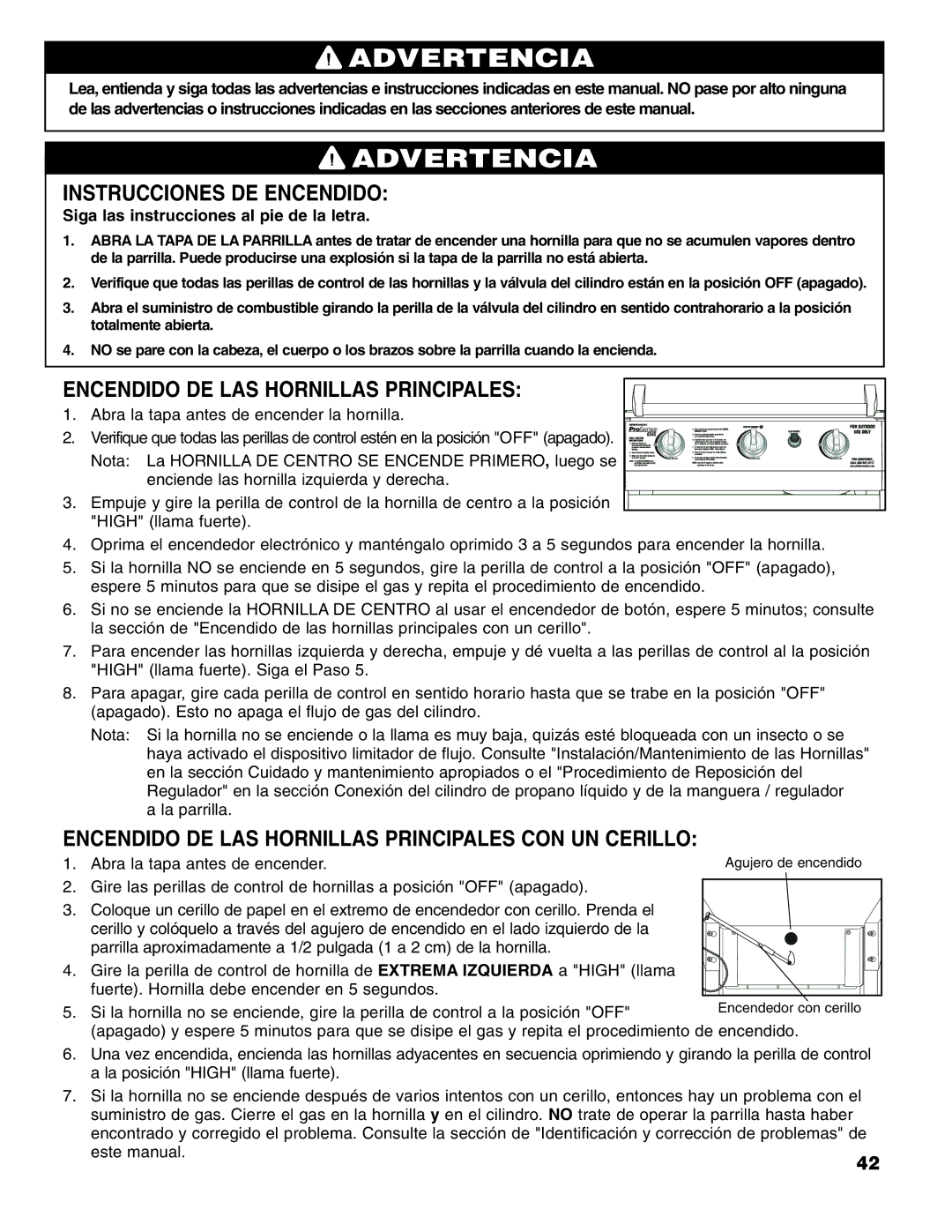 Brinkmann 6345 Series owner manual Instrucciones DE Encendido, Encendido DE LAS Hornillas Principales 