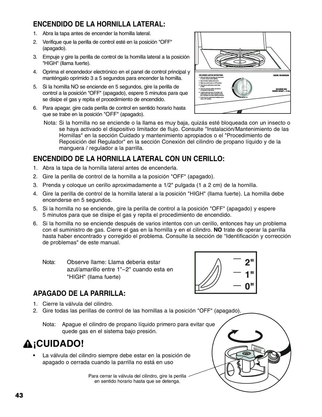 Brinkmann 6345 Series owner manual Encendido DE LA Hornilla Lateral CON UN Cerillo, Apagado DE LA Parrilla 