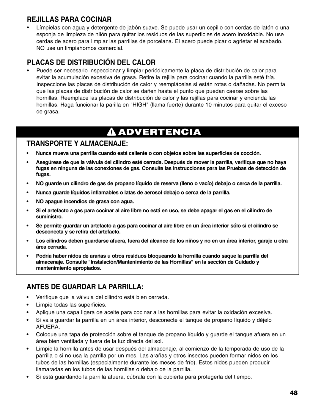 Brinkmann 6345 Series owner manual Rejillas Para Cocinar, Placas DE Distribución DEL Calor, Transporte Y Almacenaje 