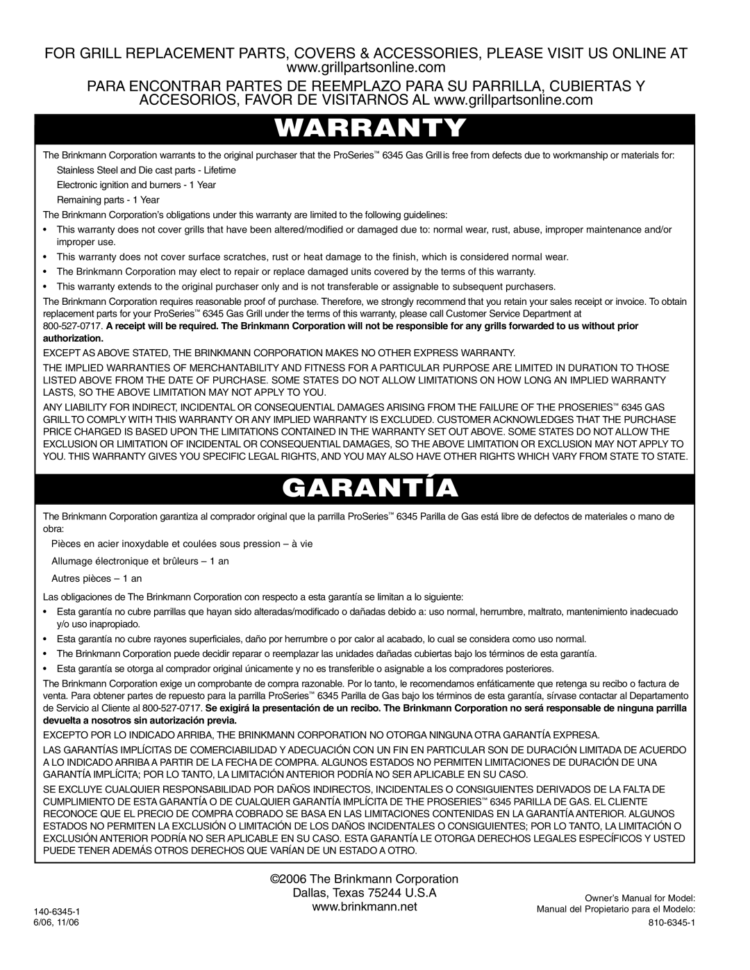 Brinkmann 6345 Series owner manual Warranty 