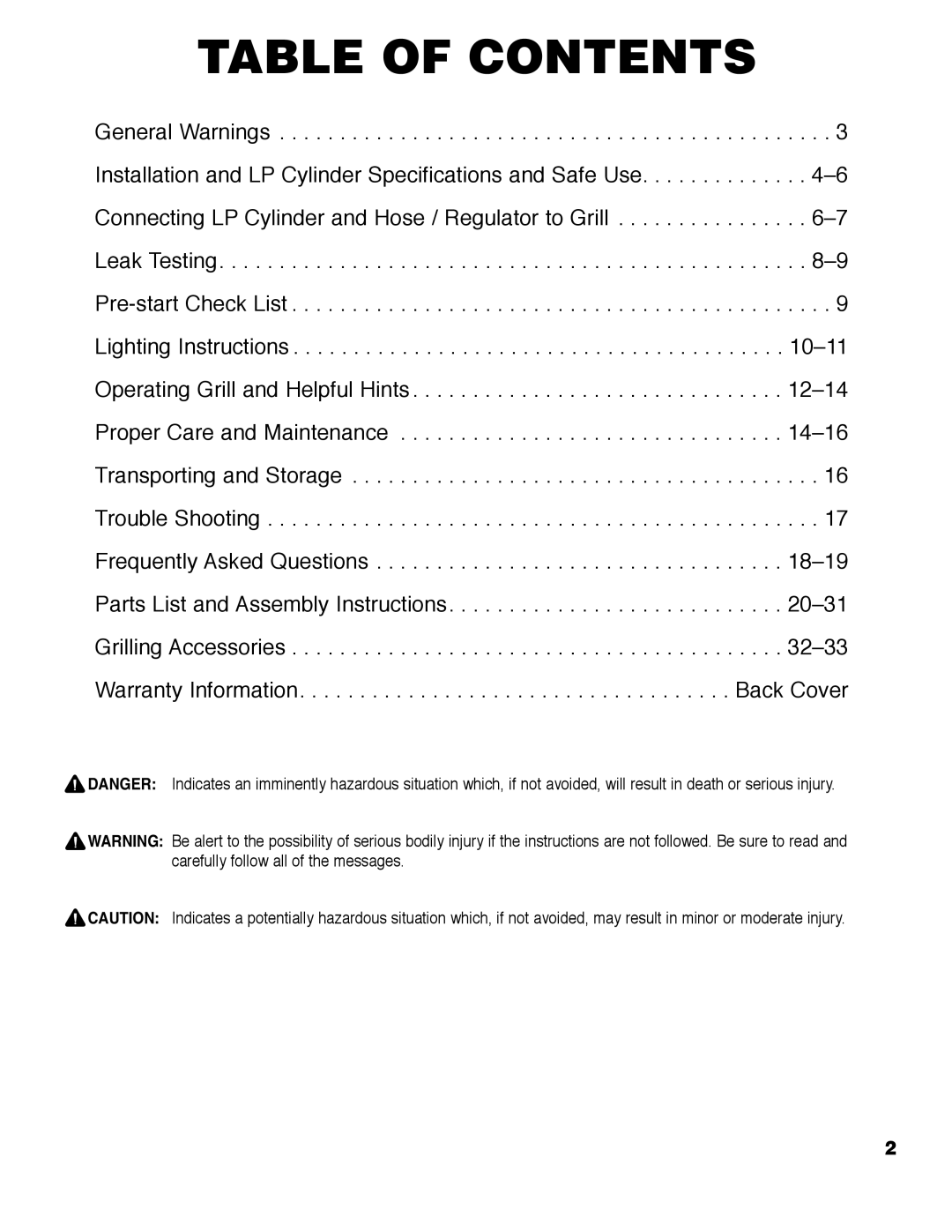 Brinkmann 6355-T owner manual Table of Contents 