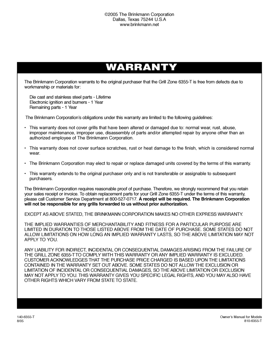 Brinkmann 6355-T owner manual Warranty 