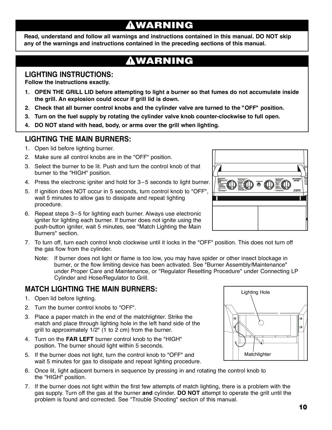 Brinkmann 6430 owner manual Lighting Instructions, Match Lighting the Main Burners 