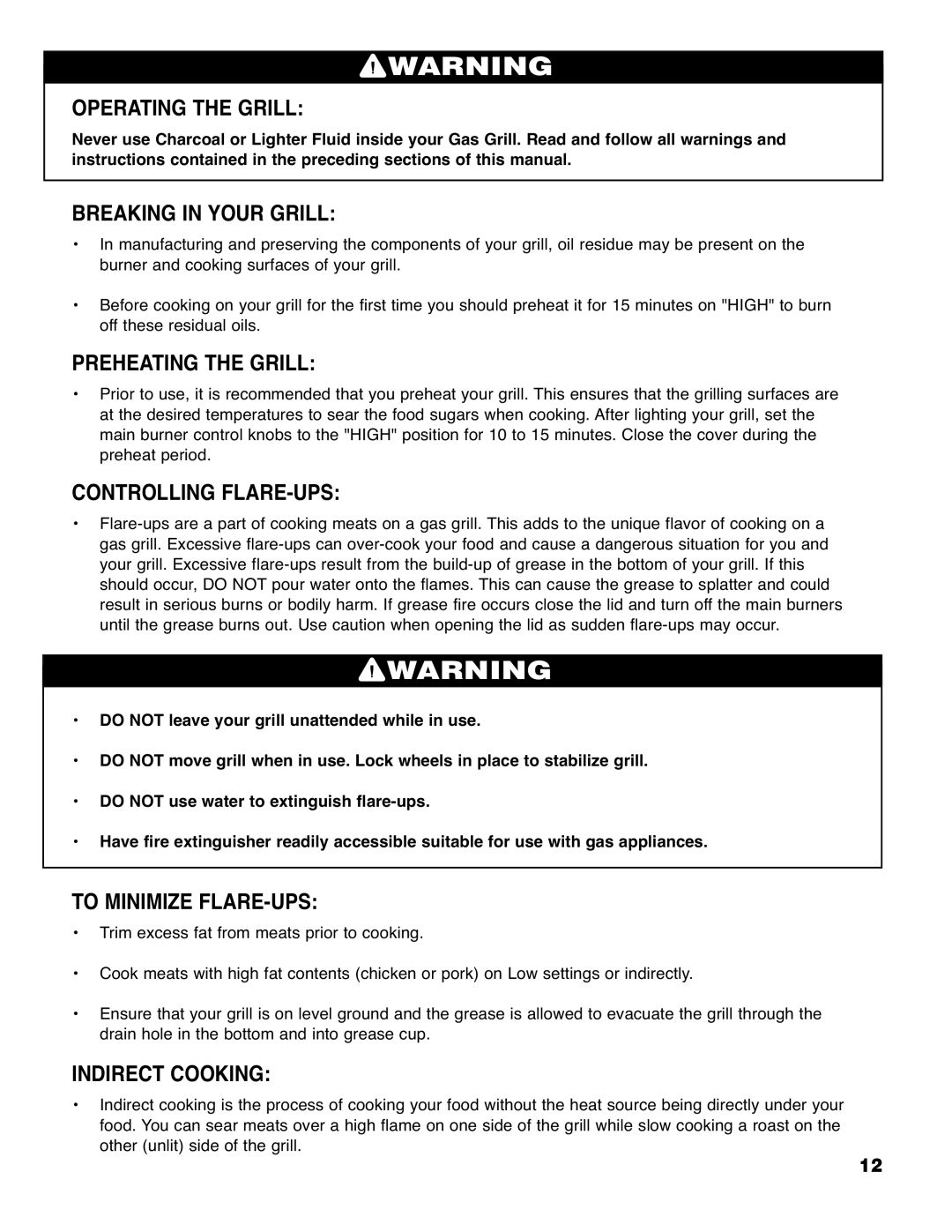 Brinkmann 6430 Operating the Grill, Breaking in Your Grill, Preheating the Grill, Controlling FLARE-UPS, Indirect Cooking 