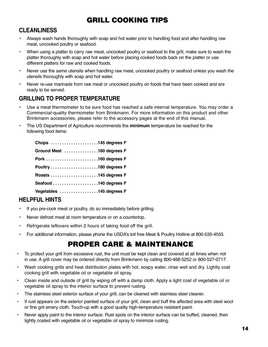 Brinkmann 6430 owner manual Cleanliness, Grilling to Proper Temperature, Helpful Hints 