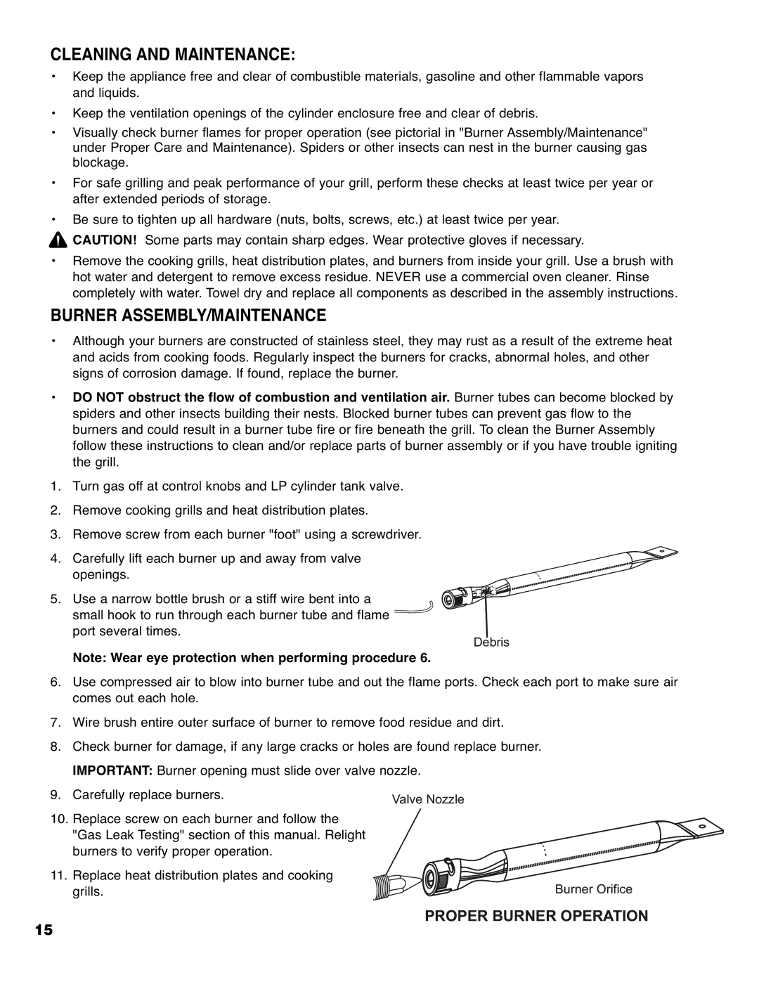 Brinkmann 6430 owner manual Cleaning and Maintenance, Burner ASSEMBLY/MAINTENANCE 