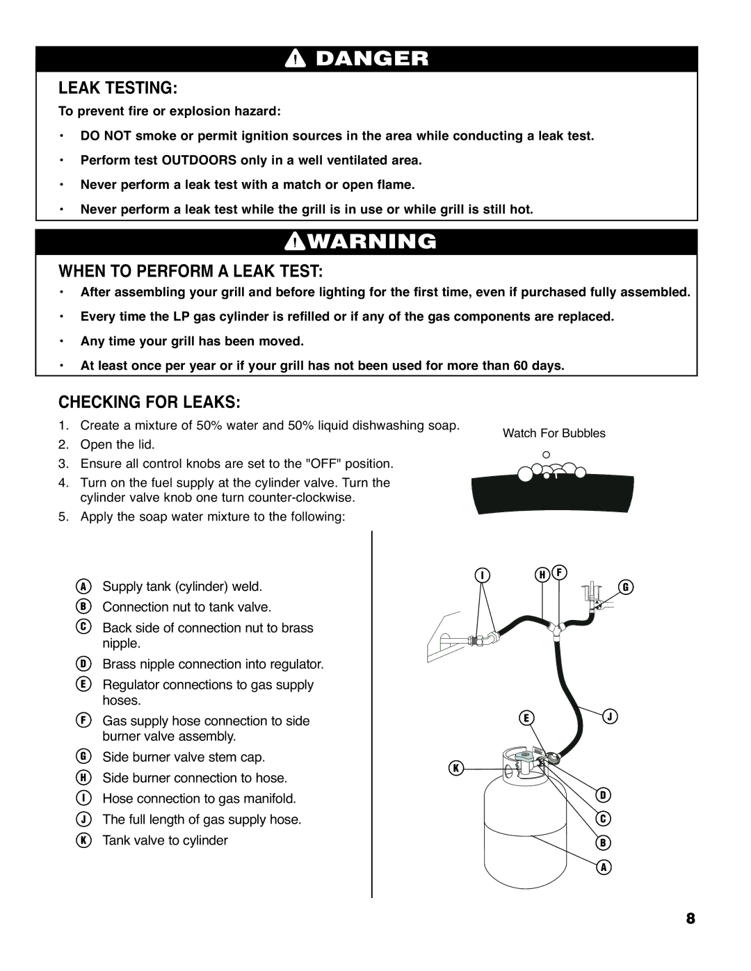 Brinkmann 6430 owner manual Leak Testing, When to Perform a Leak Test, Checking for Leaks 