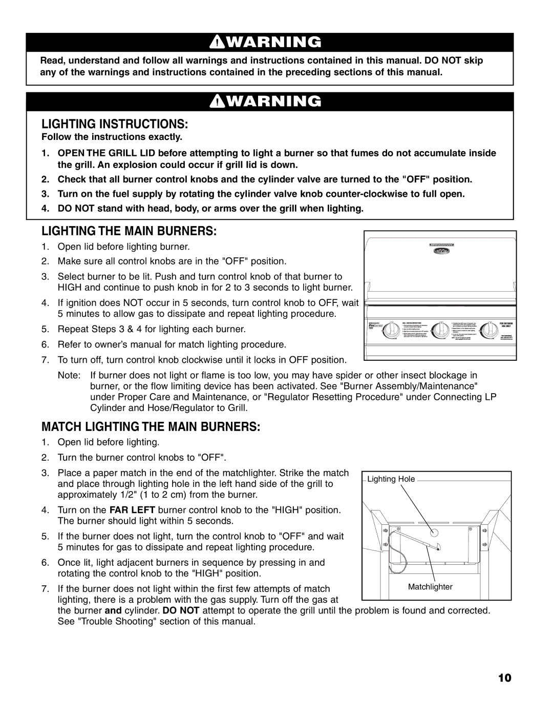 Brinkmann 7231 Series owner manual Lighting Instructions, Match Lighting the Main Burners 