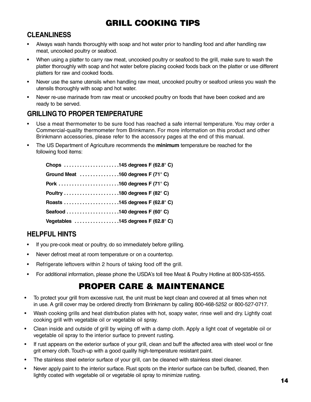 Brinkmann 7231 Series owner manual Cleanliness, Grilling to Proper Temperature, Helpful Hints 