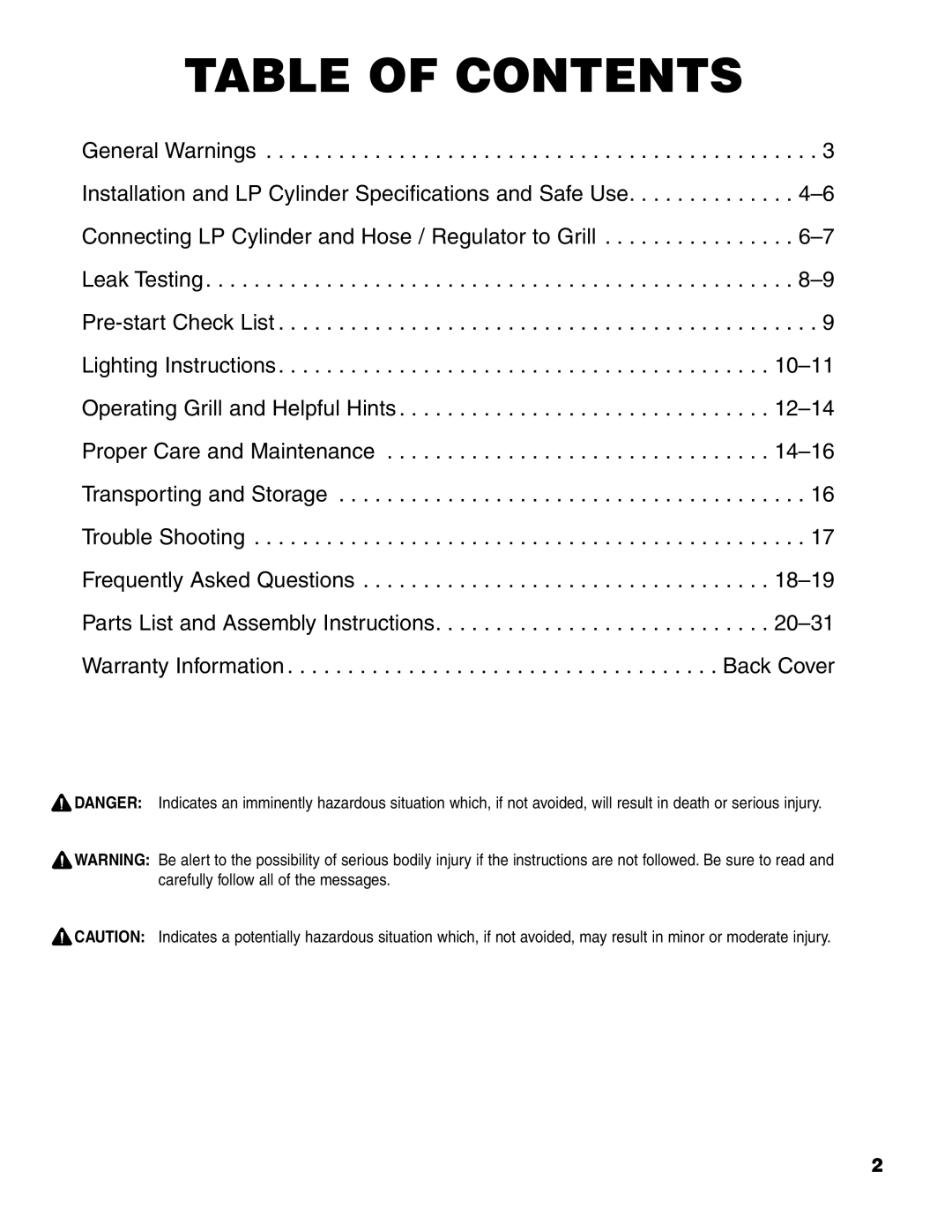 Brinkmann 7231 Series owner manual Table of Contents 