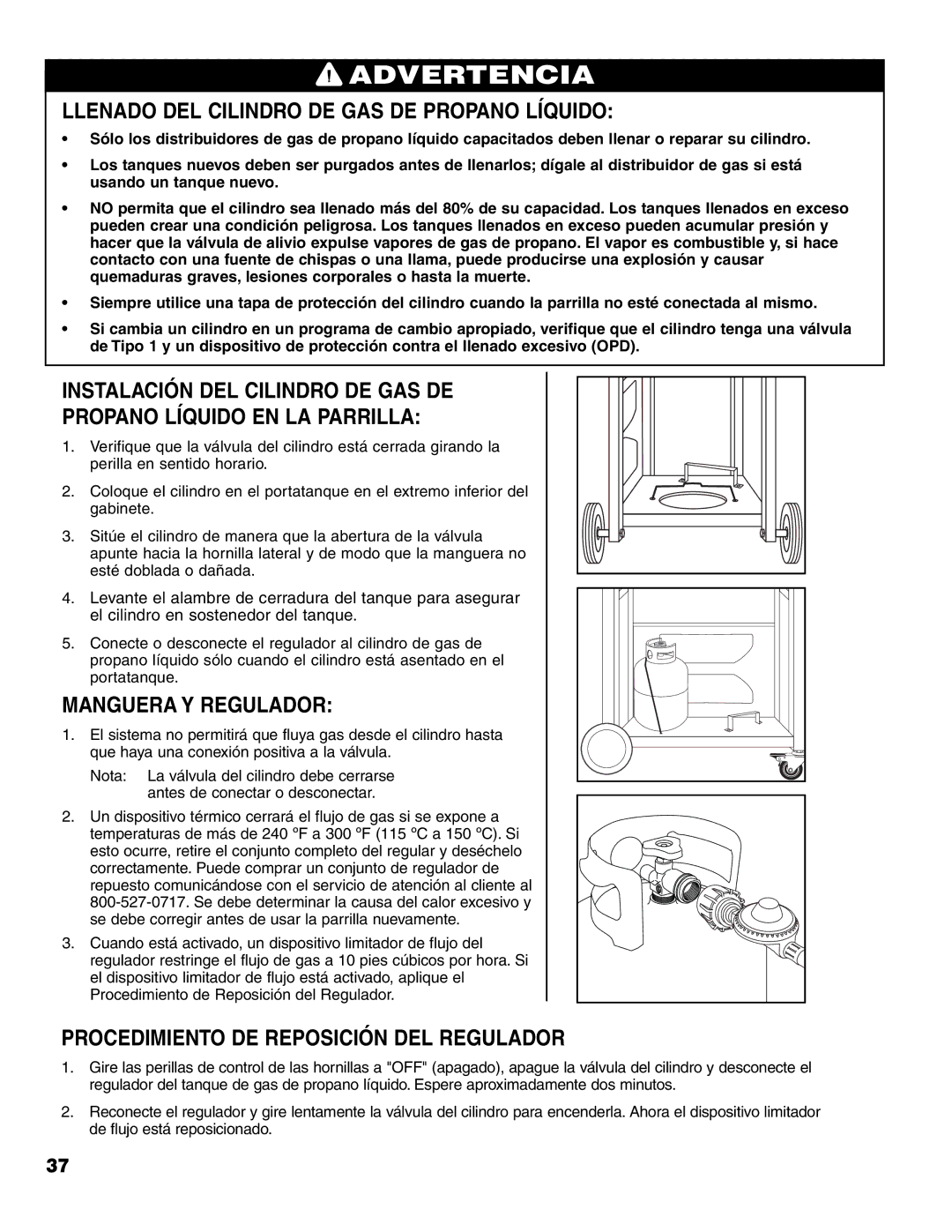 Brinkmann 7231 Series owner manual Llenado DEL Cilindro DE GAS DE Propano Líquido, Manguera Y Regulador 