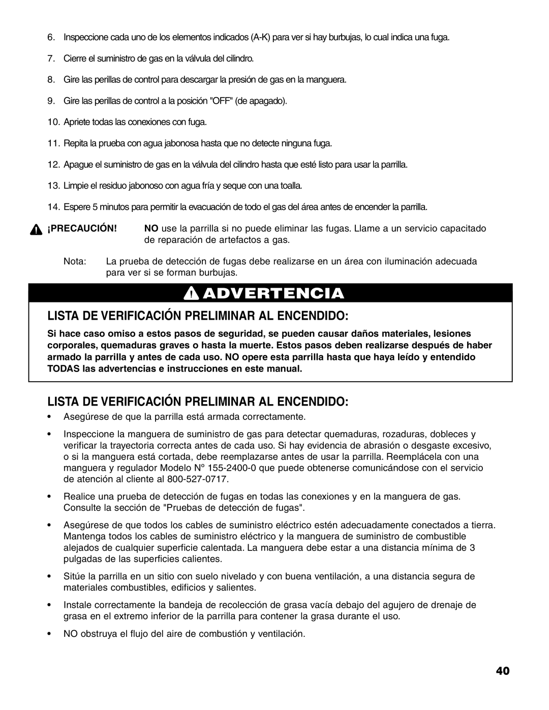 Brinkmann 7231 Series owner manual Lista DE Verificación Preliminar AL Encendido, ¡Precaución 