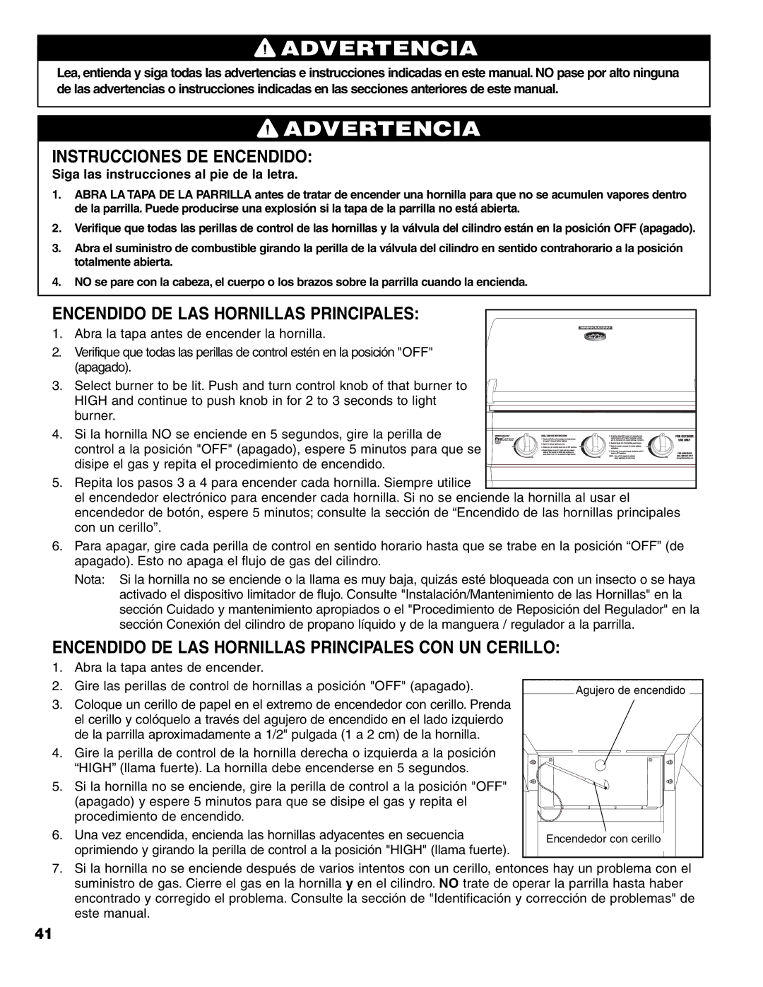 Brinkmann 7231 Series owner manual Instrucciones DE Encendido, Encendido DE LAS Hornillas Principales 