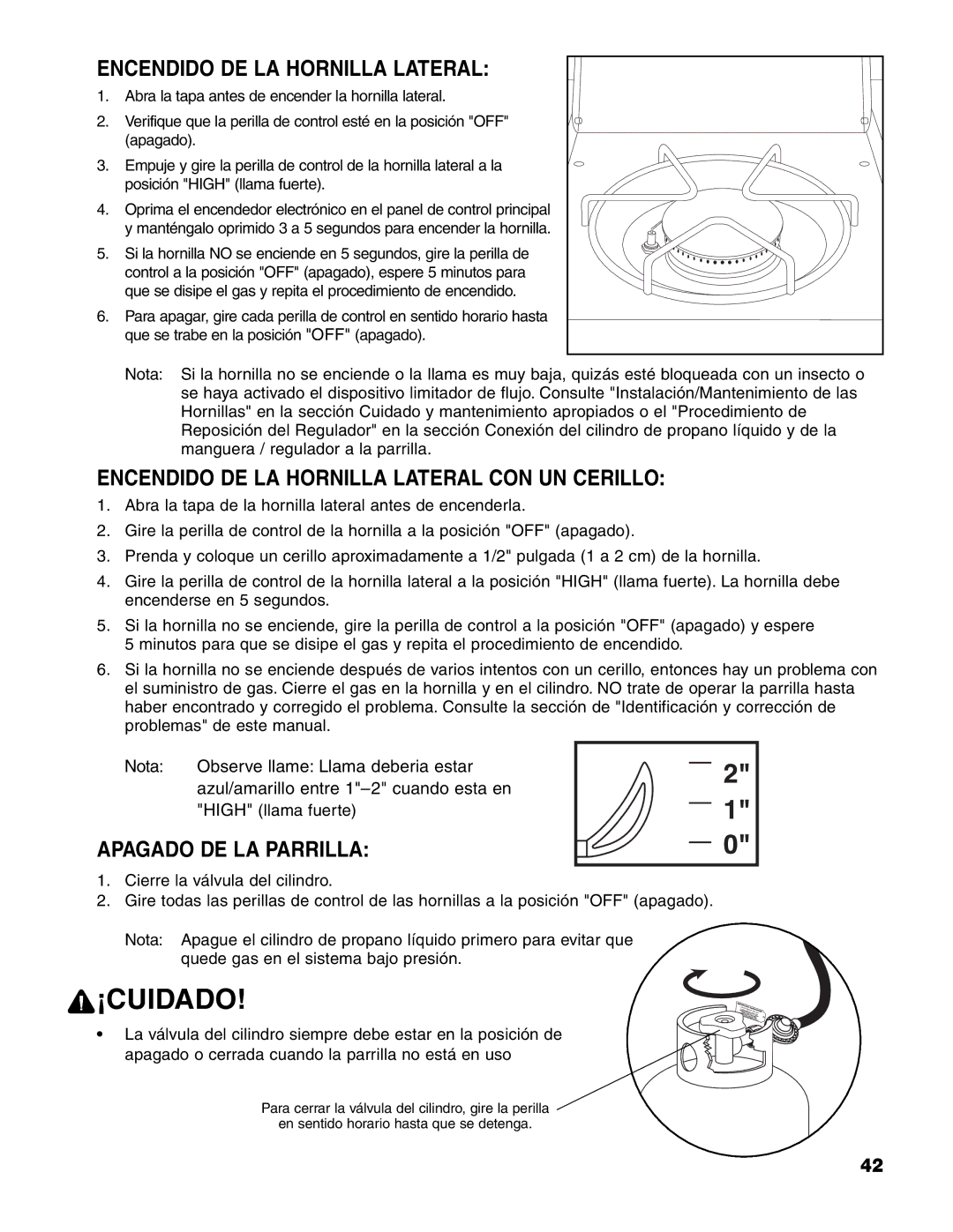 Brinkmann 7231 Series owner manual Encendido DE LA Hornilla Lateral CON UN Cerillo, Apagado DE LA Parrilla 