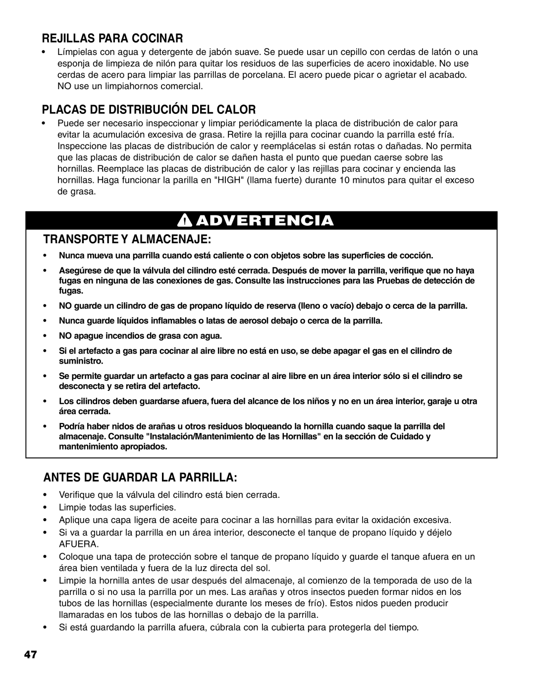 Brinkmann 7231 Series owner manual Rejillas Para Cocinar, Placas DE Distribución DEL Calor, Transporte Y Almacenaje 