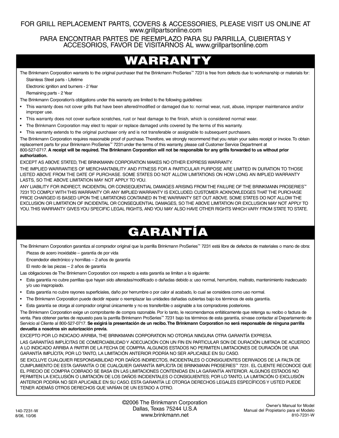 Brinkmann 7231 Series owner manual Warranty 