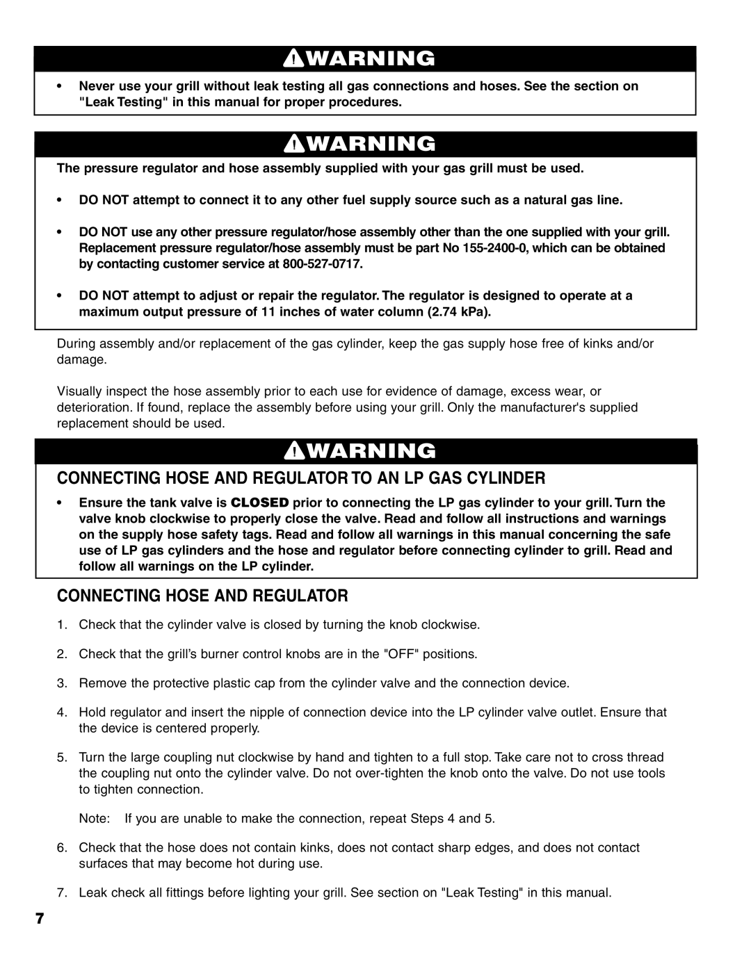 Brinkmann 7231 Series owner manual Connecting Hose and Regulator to AN LP GAS Cylinder 