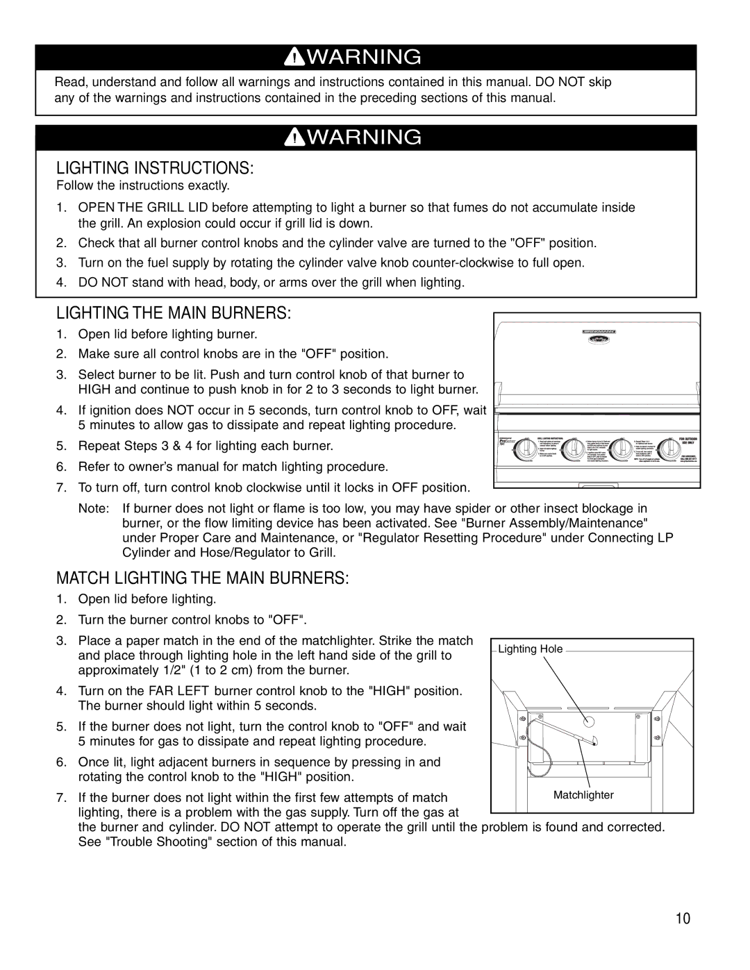 Brinkmann 7341 owner manual Lighting Instructions, Match Lighting the Main Burners 