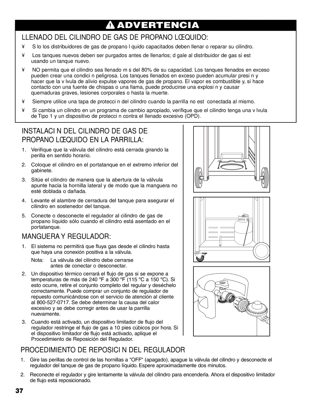 Brinkmann 7341 owner manual Llenado DEL Cilindro DE GAS DE Propano Líquido, Manguera Y Regulador 