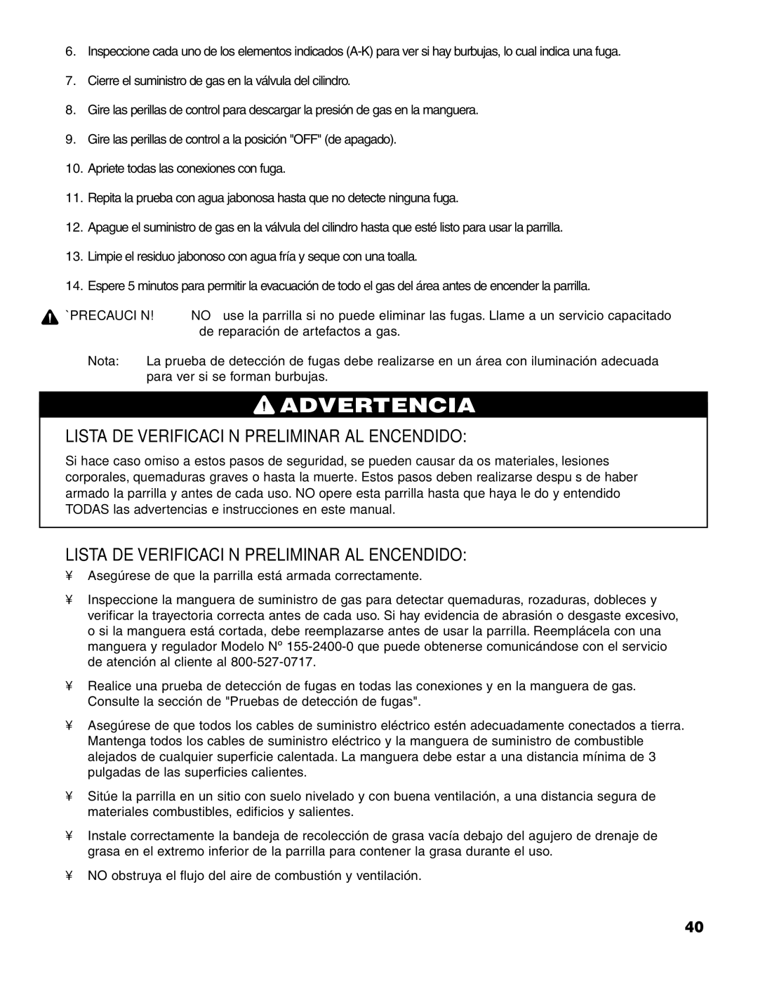 Brinkmann 7341 owner manual Lista DE Verificación Preliminar AL Encendido, ¡Precaución 