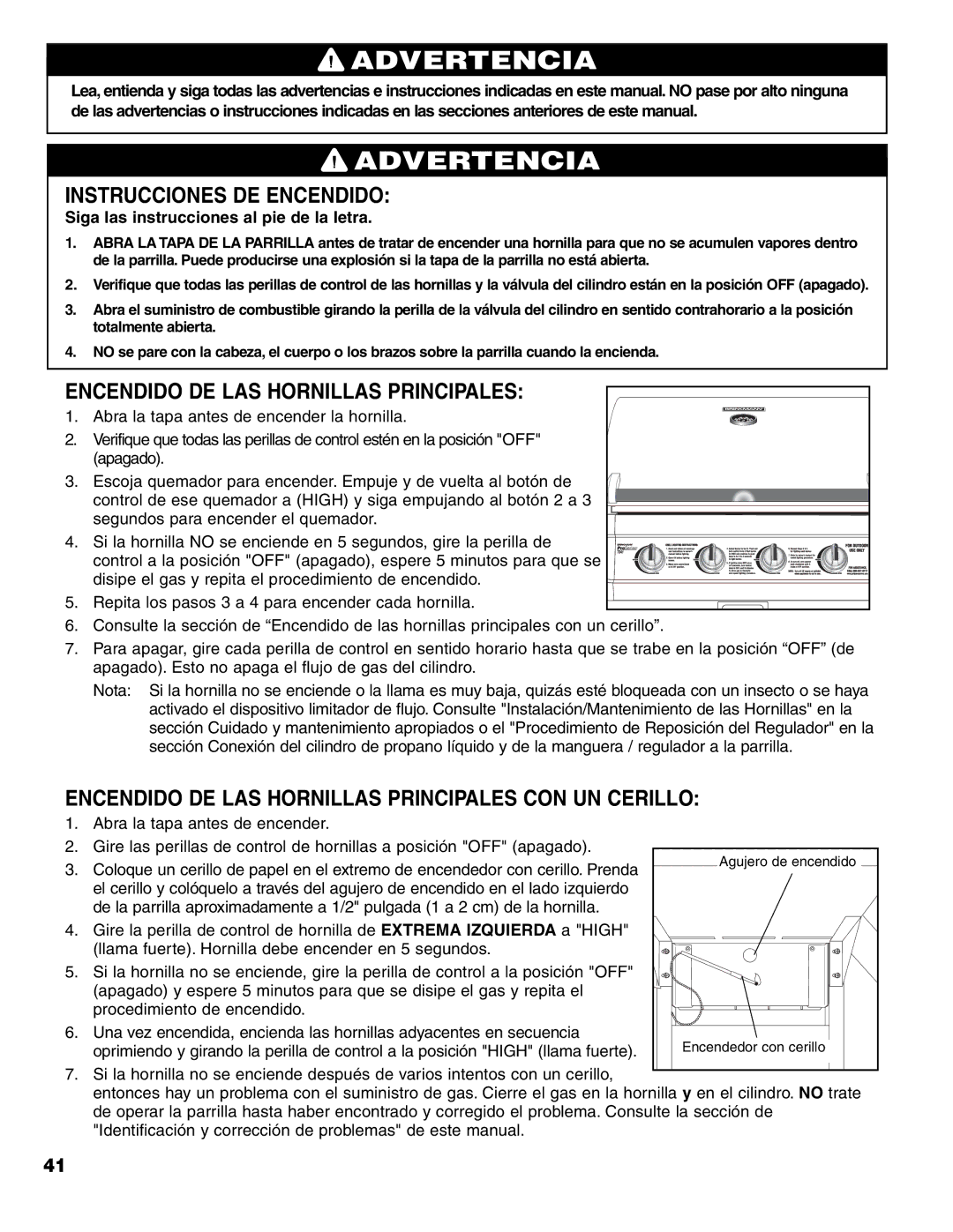 Brinkmann 7341 owner manual Instrucciones DE Encendido, Encendido DE LAS Hornillas Principales 