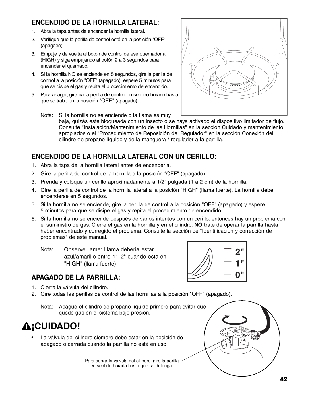 Brinkmann 7341 owner manual Encendido DE LA Hornilla Lateral CON UN Cerillo, Apagado DE LA Parrilla 