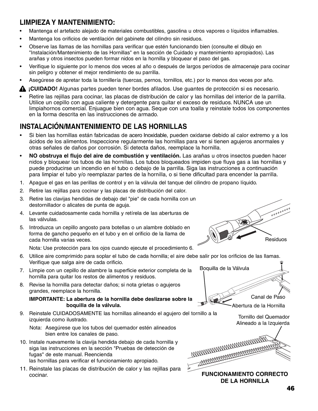 Brinkmann 7341 owner manual Limpieza Y Mantenimiento, INSTALACIÓN/MANTENIMIENTO DE LAS Hornillas 