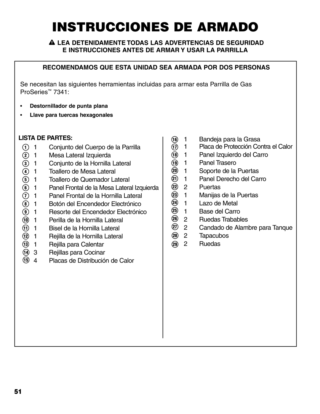 Brinkmann 7341 owner manual Instrucciones DE Armado, Lista DE Partes 