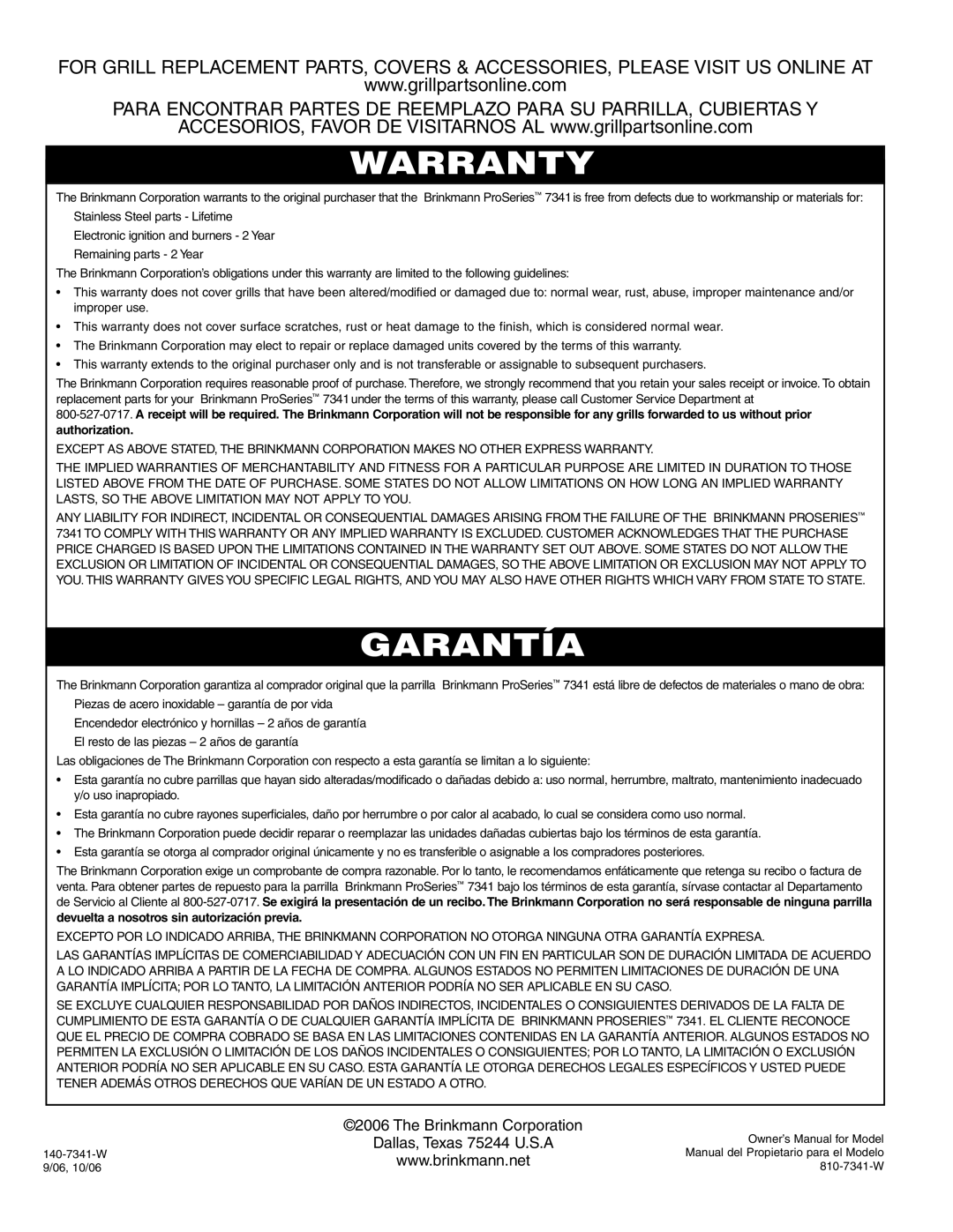 Brinkmann 7341 owner manual Warranty 