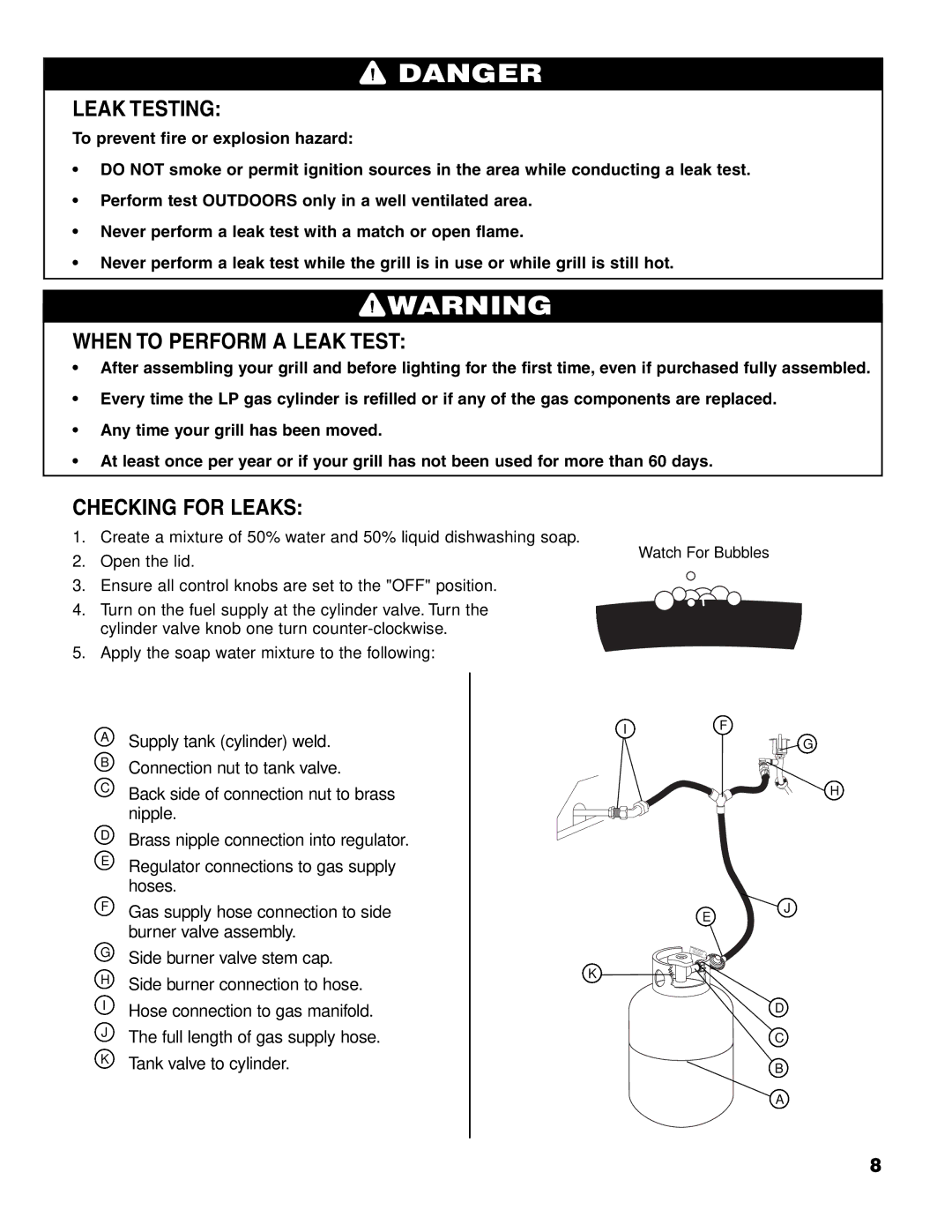 Brinkmann 7341 owner manual Leak Testing, When to Perform a Leak Test, Checking for Leaks 