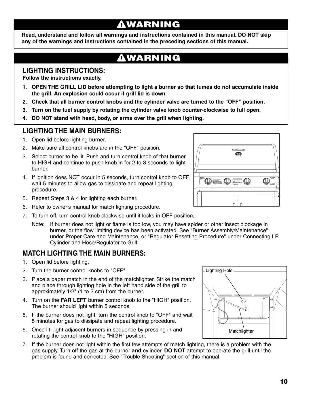 Brinkmann 7541 Series owner manual Lighting Instructions, Match Lighting the Main Burners 