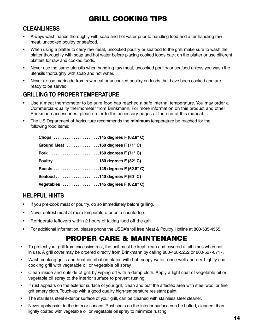 Brinkmann 7541 Series owner manual Cleanliness, Grilling to Proper Temperature, Helpful Hints 