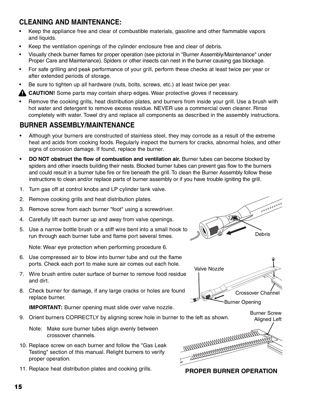 Brinkmann 7541 Series owner manual Cleaning and Maintenance, Burner ASSEMBLY/MAINTENANCE 