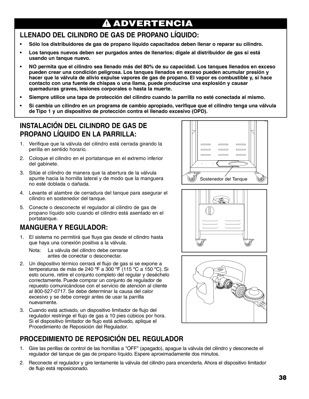 Brinkmann 7541 Series owner manual Llenado DEL Cilindro DE GAS DE Propano Líquido, Manguera Y Regulador 