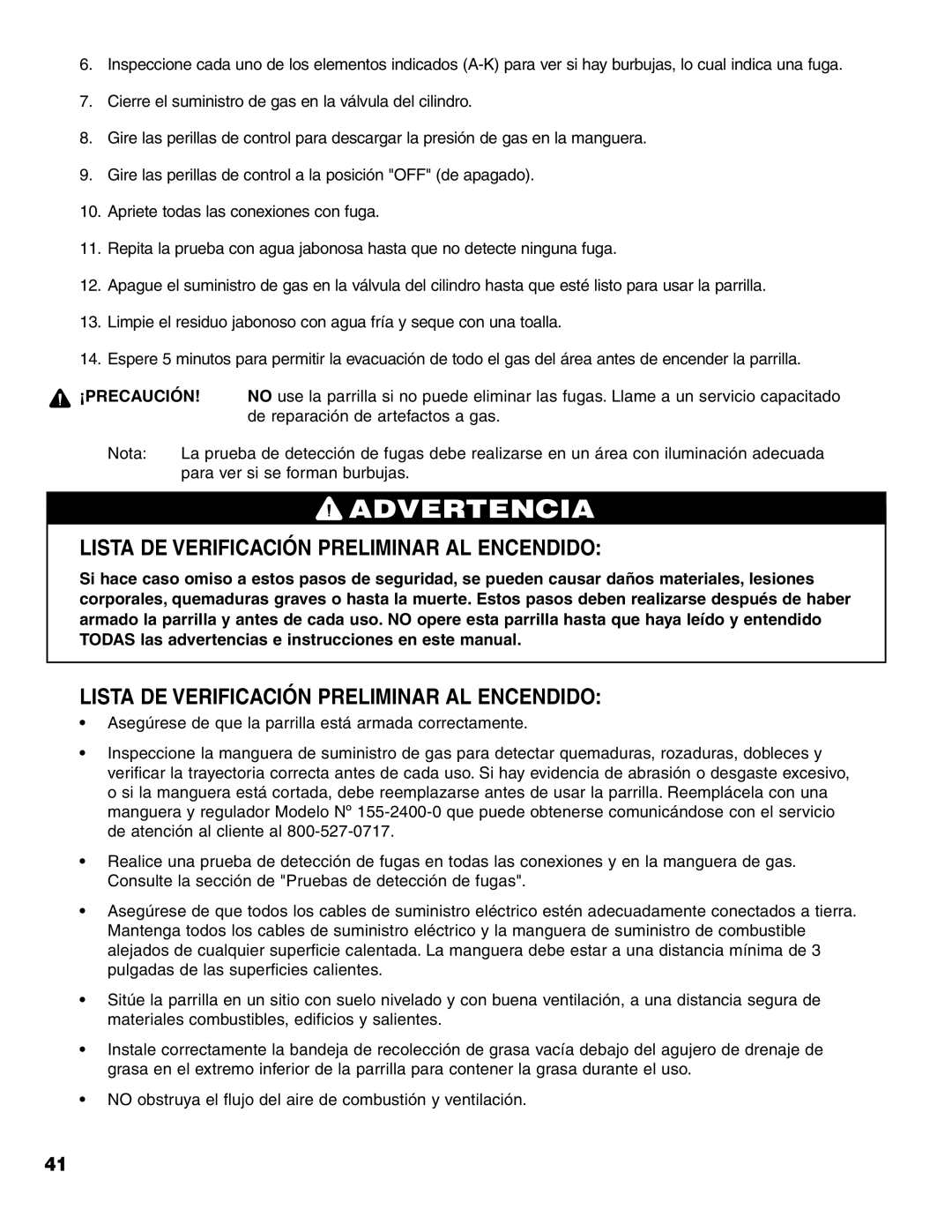 Brinkmann 7541 Series owner manual Lista DE Verificación Preliminar AL Encendido, ¡Precaución 