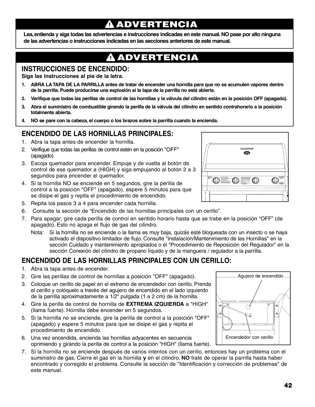 Brinkmann 7541 Series owner manual Instrucciones DE Encendido, Encendido DE LAS Hornillas Principales 