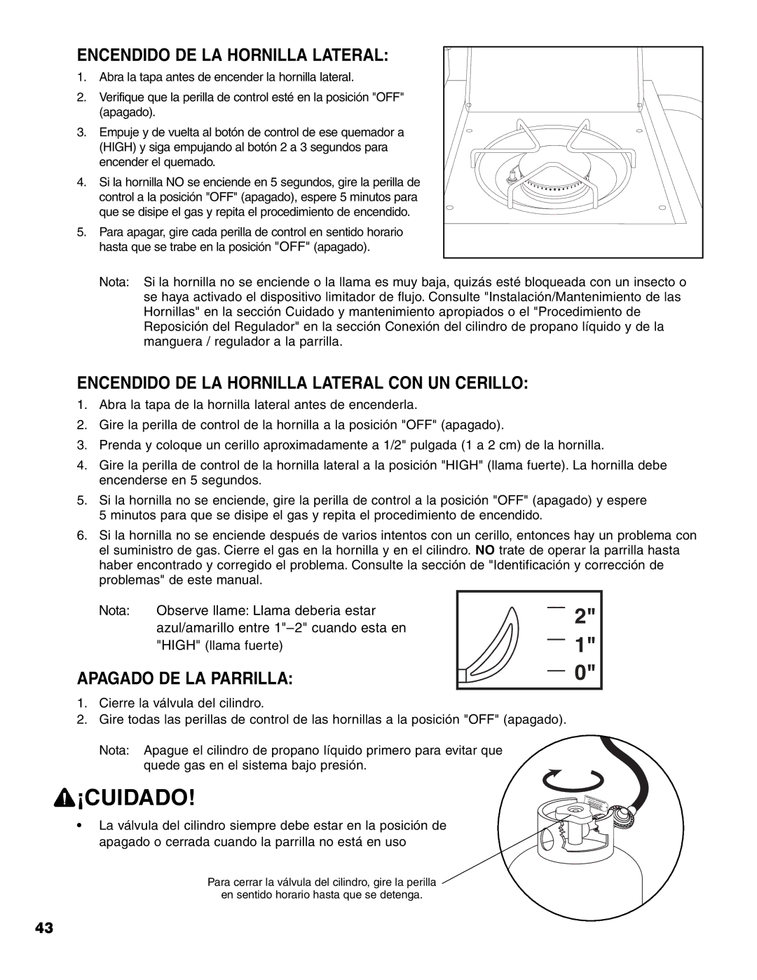 Brinkmann 7541 Series owner manual Encendido DE LA Hornilla Lateral CON UN Cerillo, Apagado DE LA Parrilla 