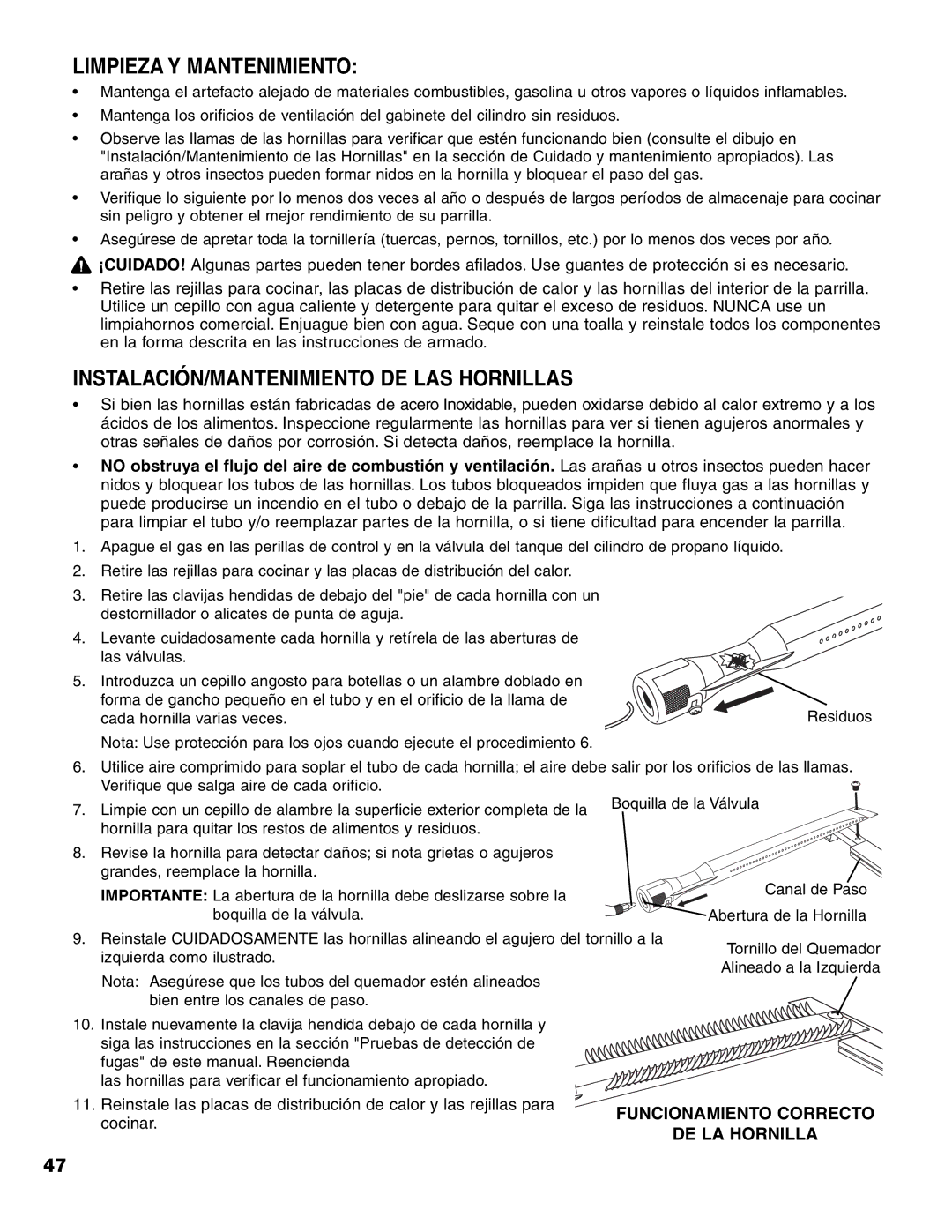 Brinkmann 7541 Series owner manual Limpieza Y Mantenimiento, INSTALACIÓN/MANTENIMIENTO DE LAS Hornillas 