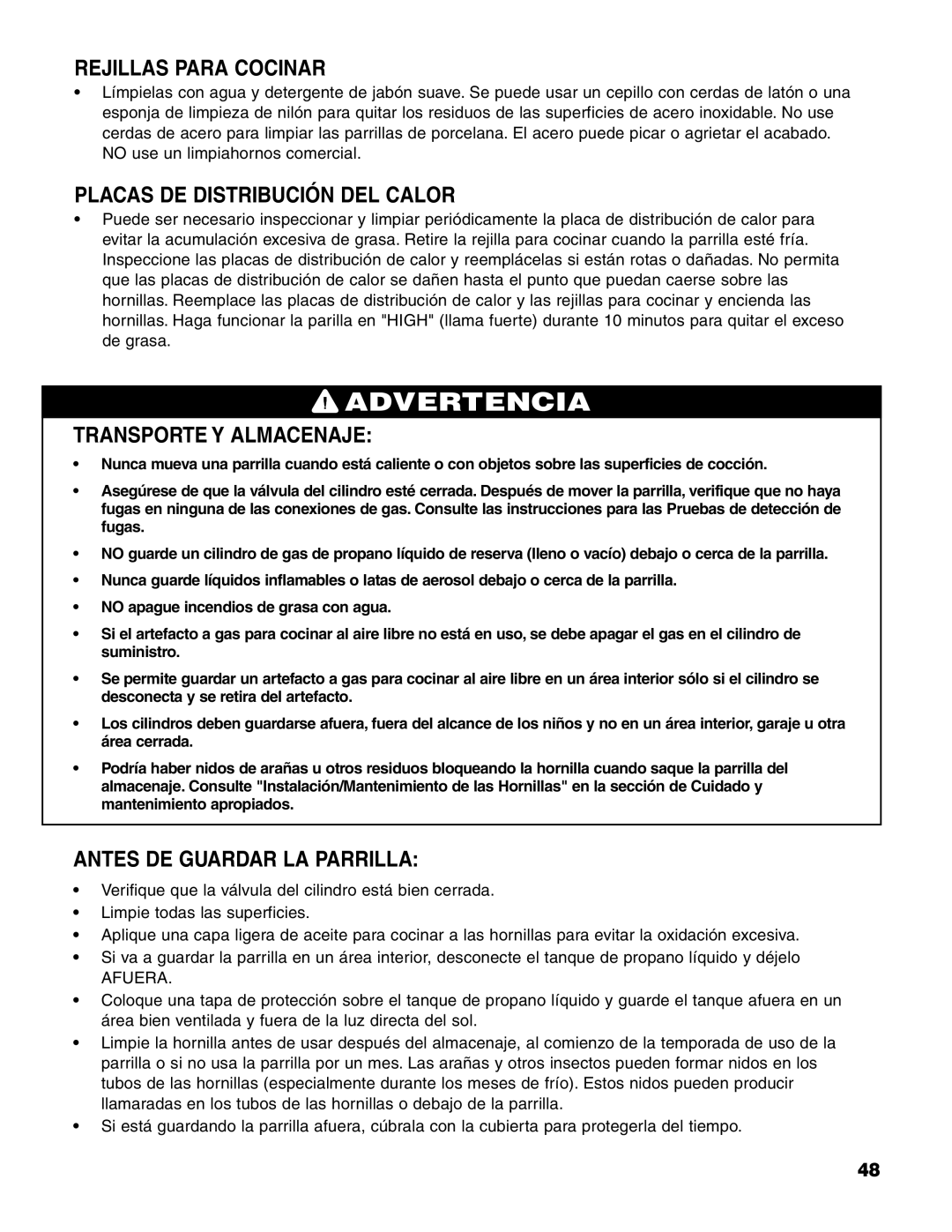 Brinkmann 7541 Series owner manual Rejillas Para Cocinar, Placas DE Distribución DEL Calor, Transporte Y Almacenaje 