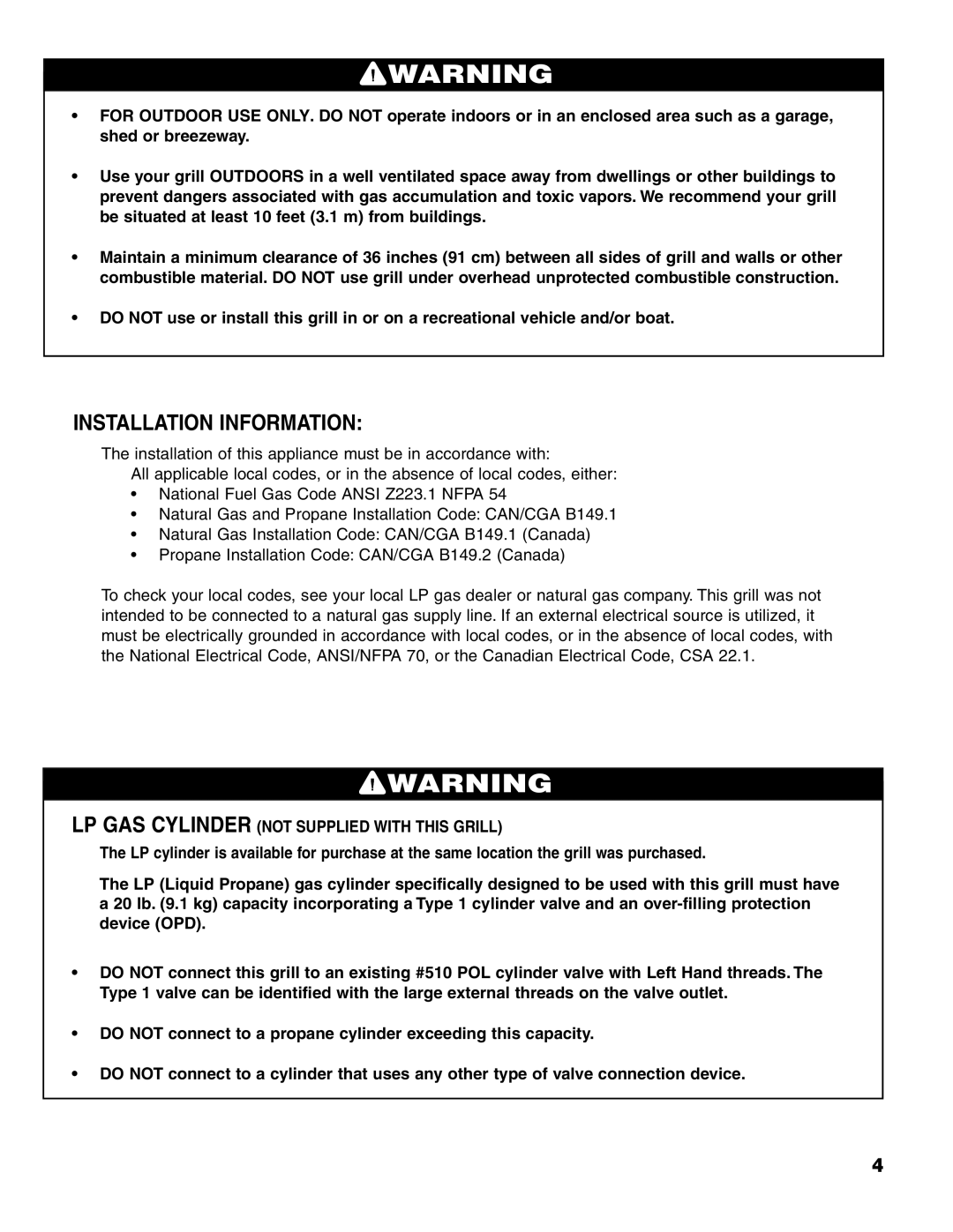 Brinkmann 7541 Series owner manual Installation Information, LP GAS Cylinder not Supplied with this Grill 