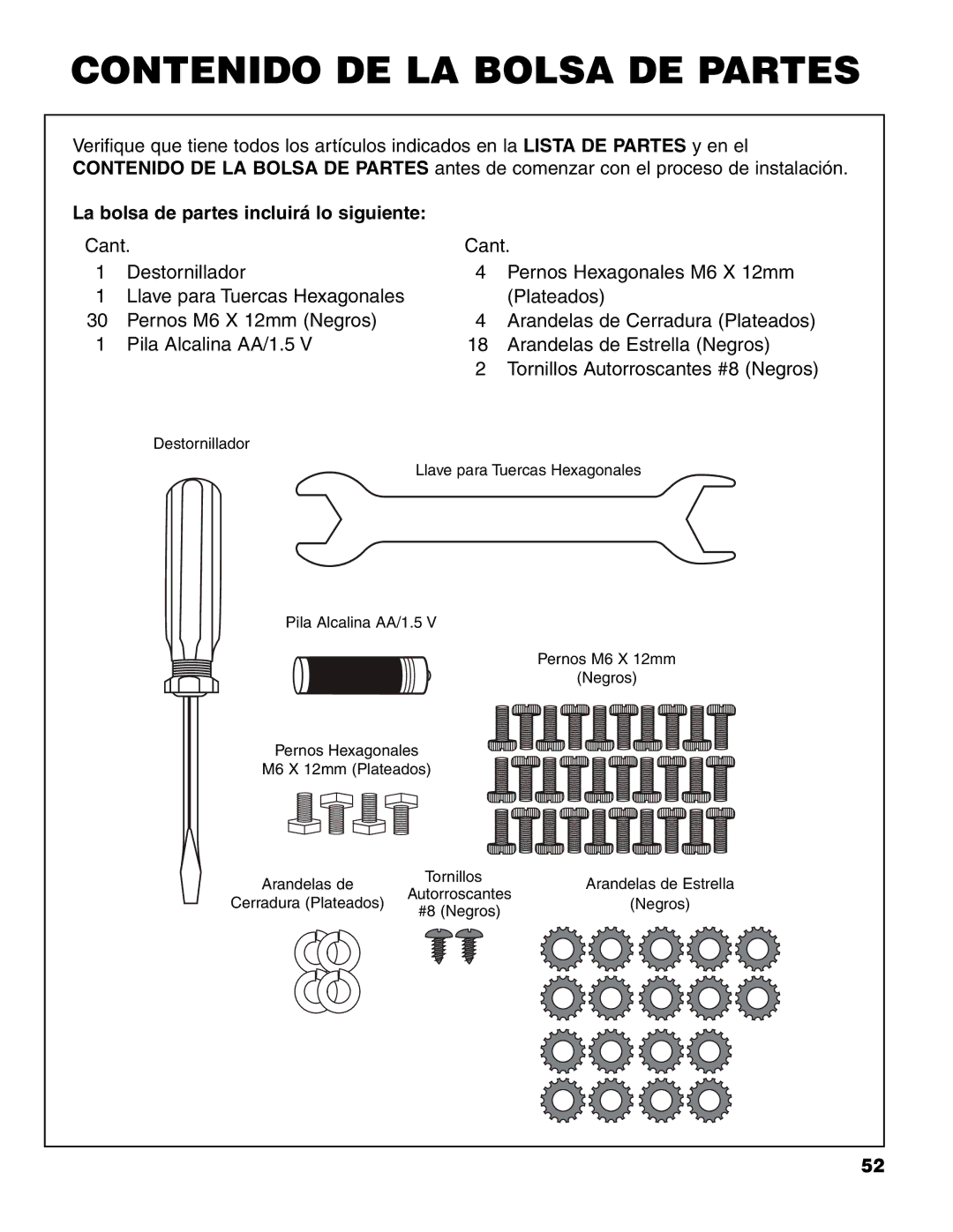 Brinkmann 7541 Series owner manual Contenido DE LA Bolsa DE Partes, La bolsa de partes incluirá lo siguiente 