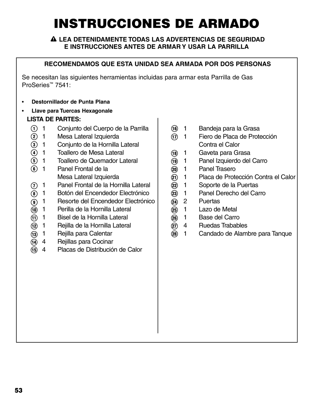 Brinkmann 7541 Series owner manual Instrucciones DE Armado, Lista DE Partes 