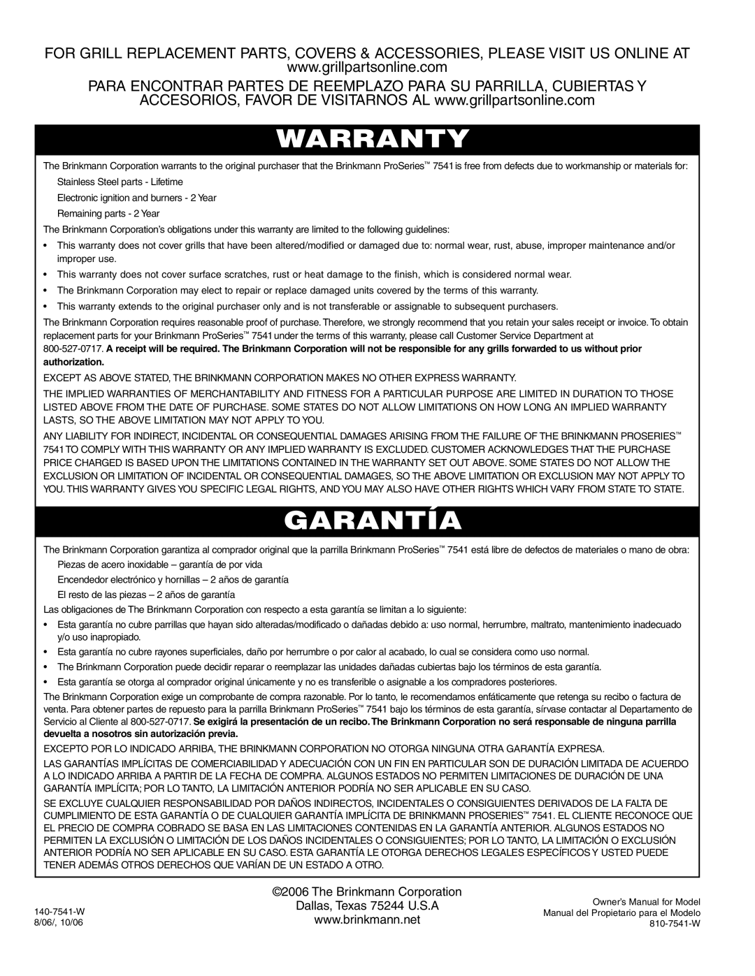 Brinkmann 7541 Series owner manual Warranty 