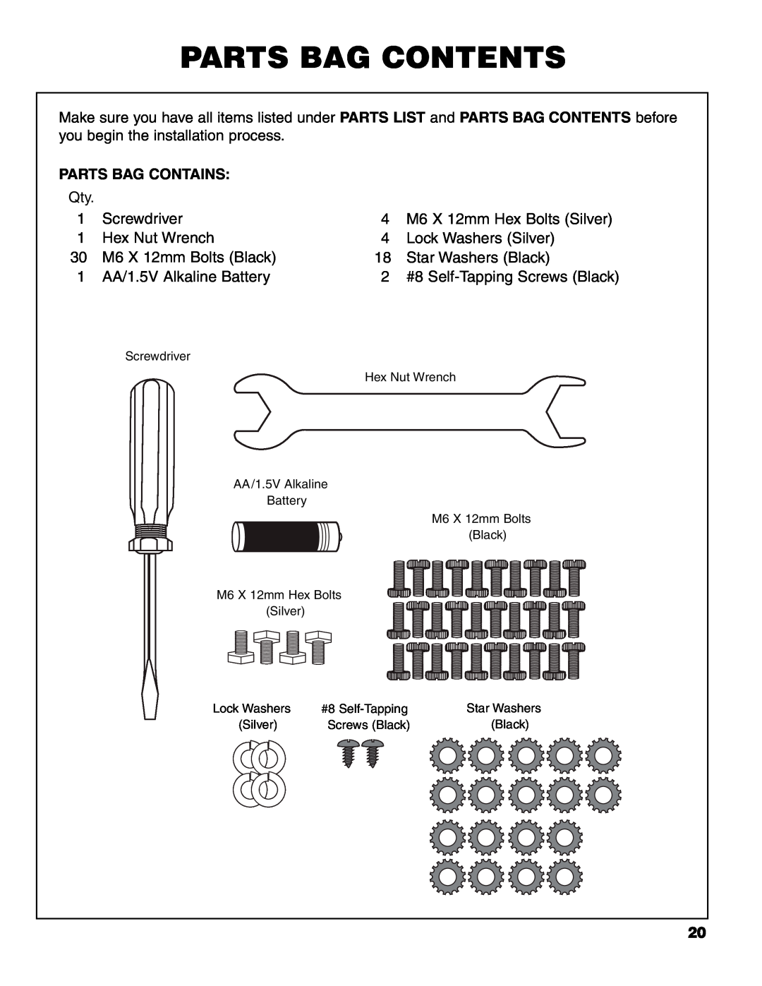 Brinkmann 7541 Series owner manual Parts Bag Contents, Parts Bag Contains 